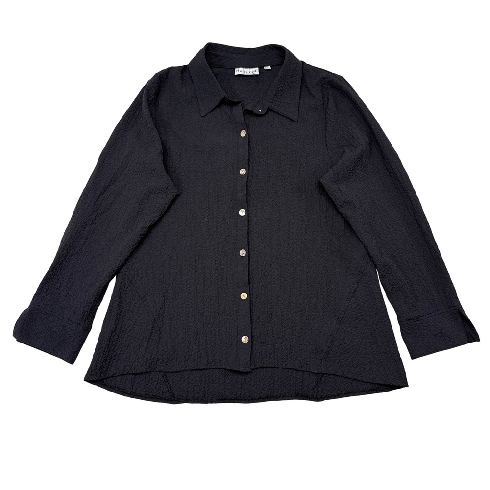 Habitat Top Womens Size Medium Black Button Front Gauze Stretch Lagenlook Mature